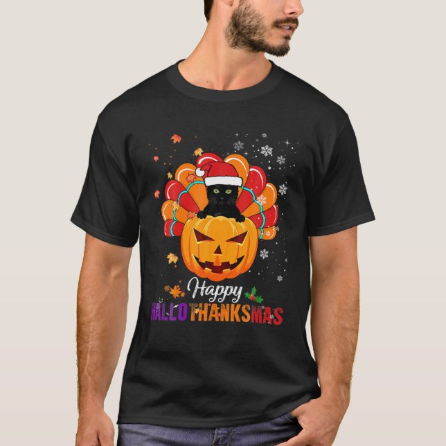 Lycklig Hallothanksmas Turkiet Santa Black Cat Pum T Shirt (Framsida)