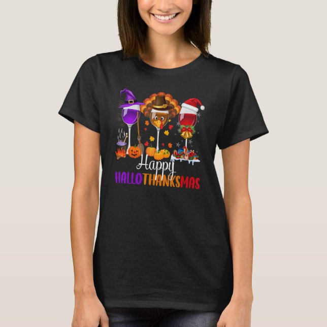 Lycklig Hallothanksmas Vin Glass Drinking Halldue T Shirt (Framsida)
