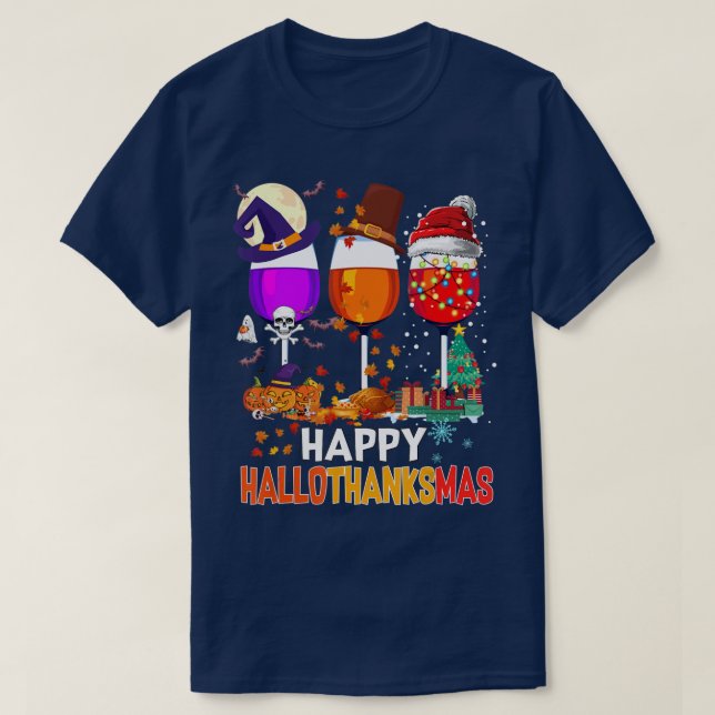 Lycklig Hallothanksmas Vin Glass Vin Älskare T Shirt (Design framsida)