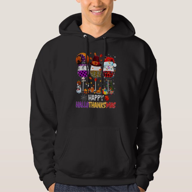Lycklig Hallothanksmas Vin Glass Witch Santa Hat Hoodie (Framsida)