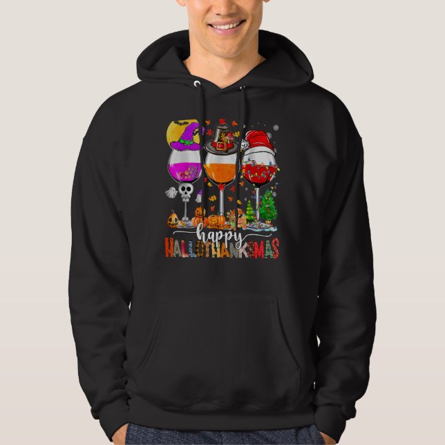 Lycklig Hallothanksmas Vin Glass Witch Santa Hat Hoodie (Framsida)