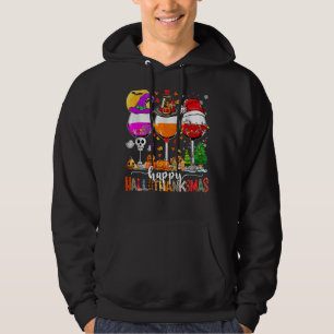 Lycklig Hallothanksmas Vin Glass Witch Santa Hat Hoodie