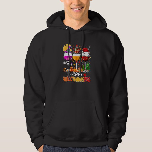 Lycklig Hallothanksmas Vin Glass Witch Santa Hat Hoodie (Framsida)