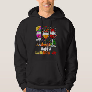 Lycklig Hallothanksmas Vin Glass Witch Santa Hat Hoodie