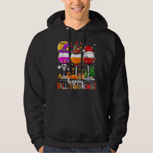 Lycklig Hallothanksmas Vin Glass Witch Santa Hat Hoodie