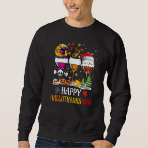 Lycklig Hallothanksmas Vin Glass Witch Santa Hat Lång Ärmad Tröja