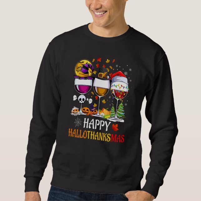 Lycklig Hallothanksmas Vin Glass Witch Santa Hat Lång Ärmad Tröja (Framsida)