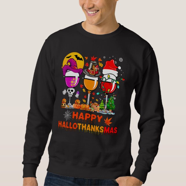 Lycklig Hallothanksmas Vin Glass Witch Santa Hat Lång Ärmad Tröja (Framsida)