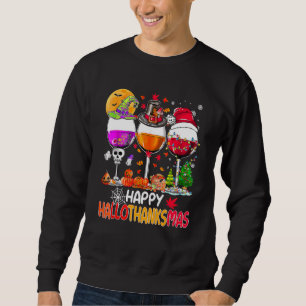 Lycklig Hallothanksmas Vin Glass Witch Santa Hat Lång Ärmad Tröja