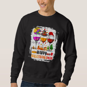 Lycklig Hallothanksmas Vin Glass Witch Santa Hat Lång Ärmad Tröja