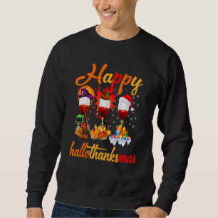 Lycklig Hallothanksmas Vin Glass Witch Santa Hat Lång Ärmad Tröja