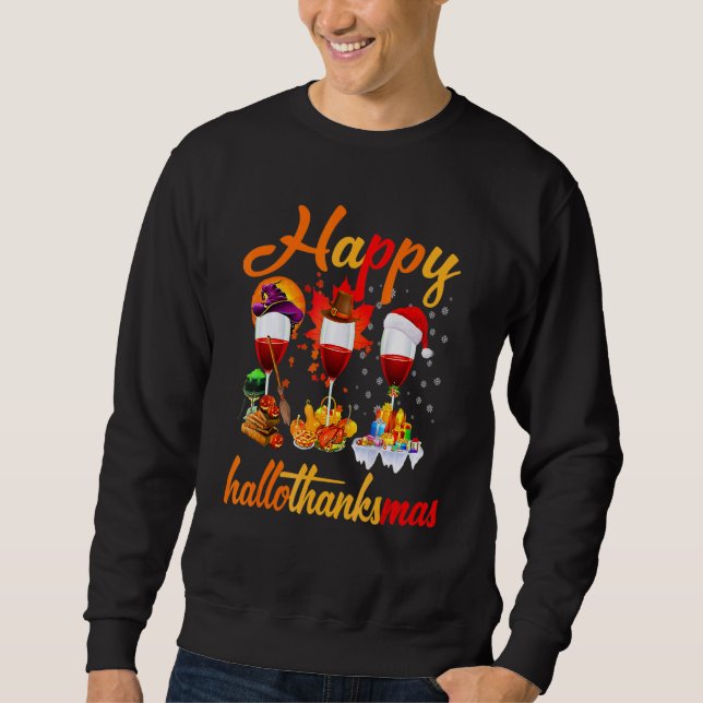 Lycklig Hallothanksmas Vin Glass Witch Santa Hat Lång Ärmad Tröja (Framsida)