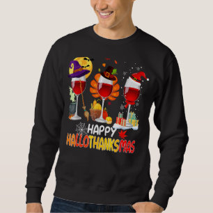 Lycklig Hallothanksmas Vin Glass Witch Santa Hat Lång Ärmad Tröja