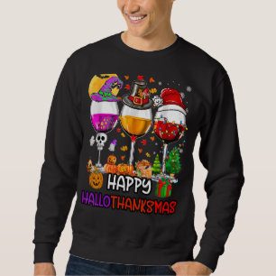 Lycklig Hallothanksmas Vin Glass Witch Santa Hat Lång Ärmad Tröja