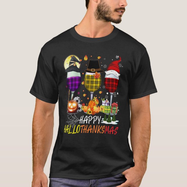Lycklig Hallothanksmas Vin Glass Witch Santa Hat T Shirt (Framsida)