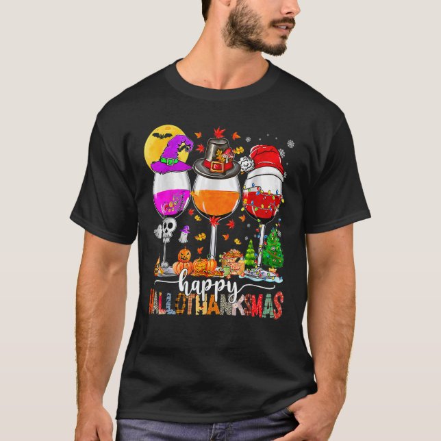 Lycklig Hallothanksmas Vin Glass Witch Santa Hat T Shirt (Framsida)