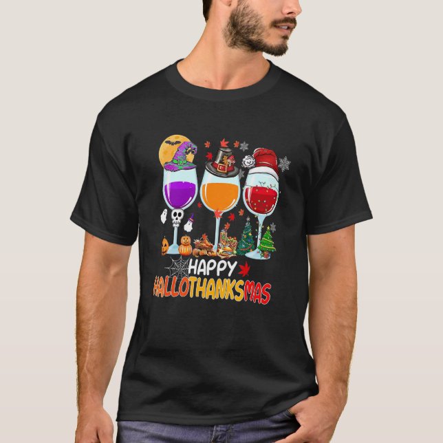 Lycklig Hallothanksmas Vin Glass Witch Santa Hat T Shirt (Framsida)