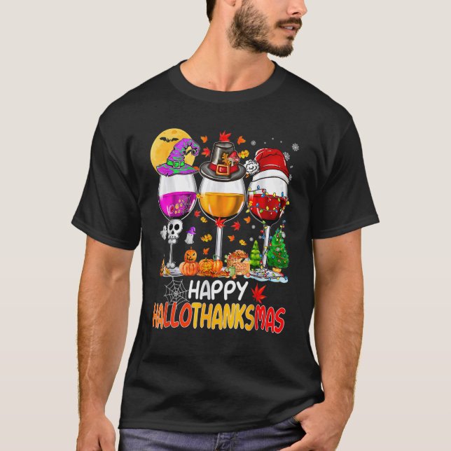 Lycklig Hallothanksmas Vin Glass Witch Santa Hat T Shirt (Framsida)
