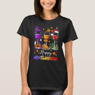 Lycklig Hallothanksmas Vin Glass Witch Santa Hat T Shirt