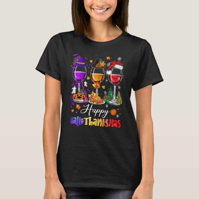 Lycklig Hallothanksmas Vin Glass Witch Santa Hat T Shirt (Framsida)