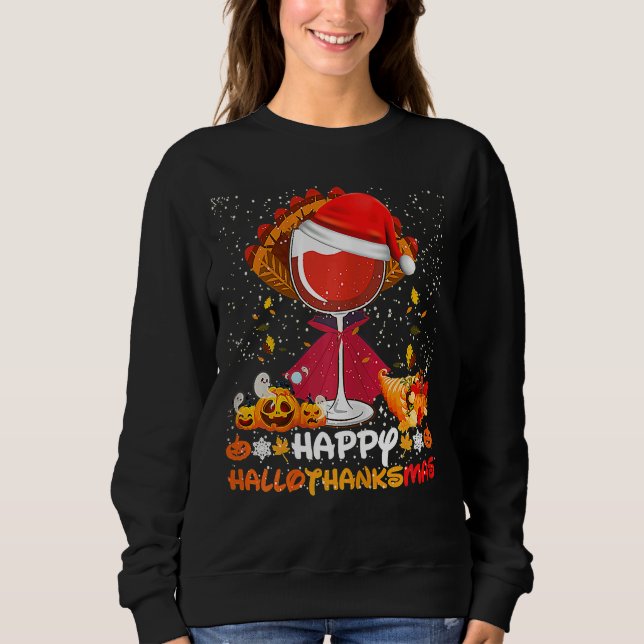 Lycklig Hallothanksmas Vin Glass Witch Santa Hat T Shirt (Framsida)