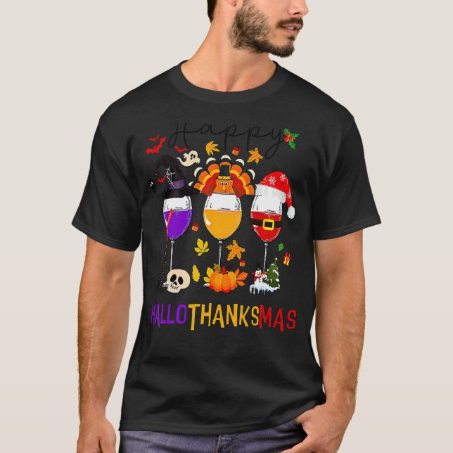 Lycklig Hallothanksmas Vin Glass Witch Santa Hat T Shirt (Framsida)
