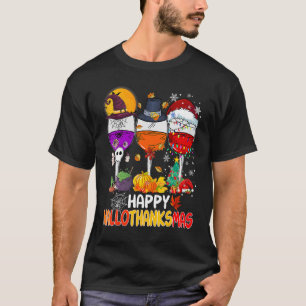 Lycklig Hallothanksmas Vin Glass Witch Santa Hat T Shirt