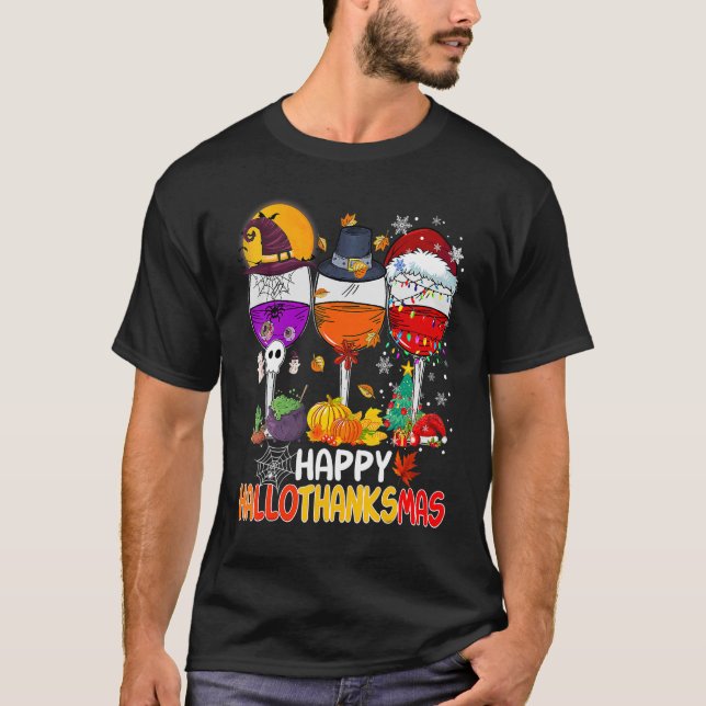 Lycklig Hallothanksmas Vin Glass Witch Santa Hat T Shirt (Framsida)