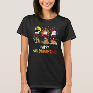 Lycklig Hallothanksmas Vin Glass Witch Santa Hat T Shirt