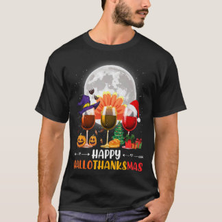 Lycklig Hallothanksmas Vin Glass Witch Santa Hat T Shirt