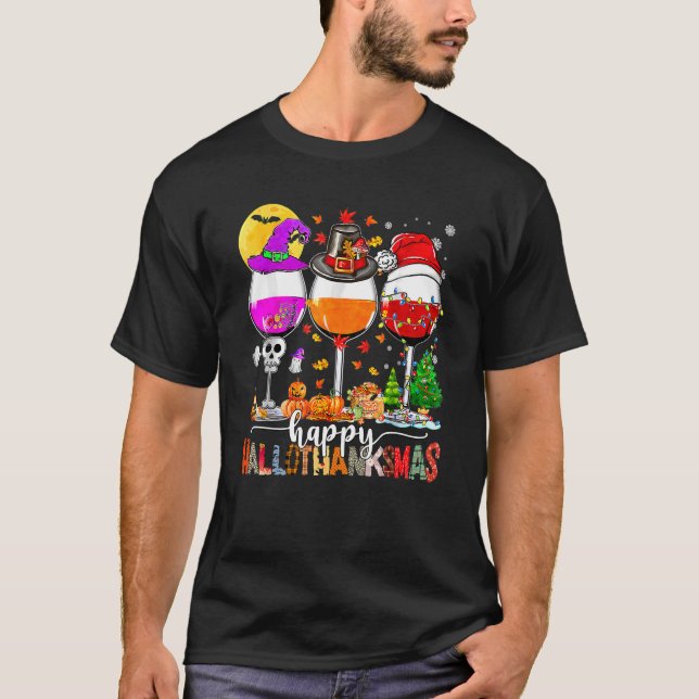Lycklig Hallothanksmas Vin Glass Witch Santa Hat T Shirt (Framsida)