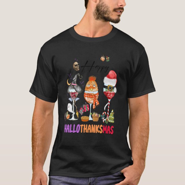 Lycklig Hallothanksmas Vin Glass Witch Santa Hat T Shirt (Framsida)