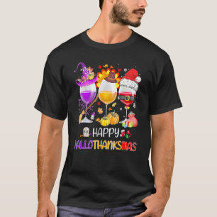 Lycklig Hallothanksmas Vin Glass Witch Santa Hat T Shirt