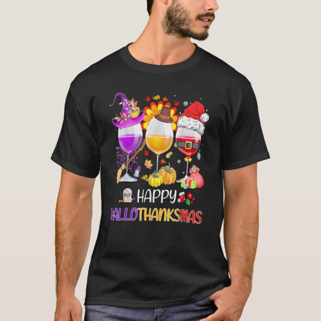 Lycklig Hallothanksmas Vin Glass Witch Santa Hat T Shirt (Framsida)
