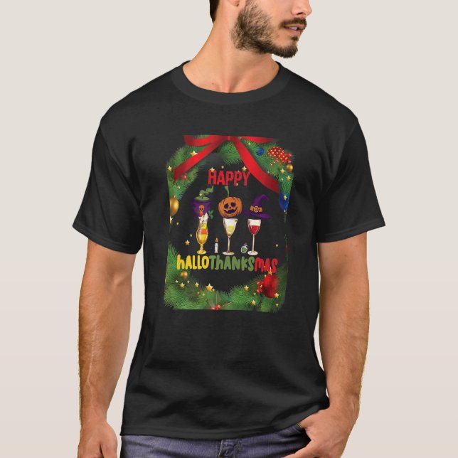 Lycklig Hallothanksmas Vin Glass Witch Santa Hat T Shirt (Framsida)