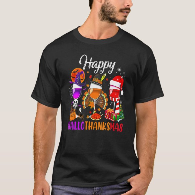 Lycklig Hallothanksmas Vin Glass Witch Santa Hat T Shirt (Framsida)