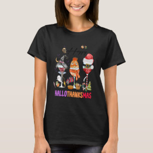 Lycklig Hallothanksmas Vin Glass Witch Santa Hat T Shirt