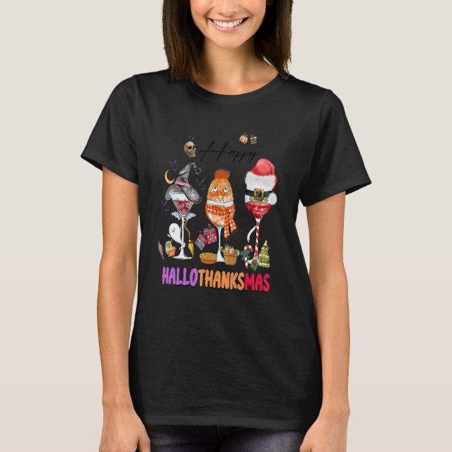 Lycklig Hallothanksmas Vin Glass Witch Santa Hat T Shirt (Framsida)