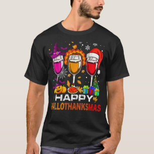 Lycklig Hallothanksmas Vin Glass Witch Santa Hat T Shirt