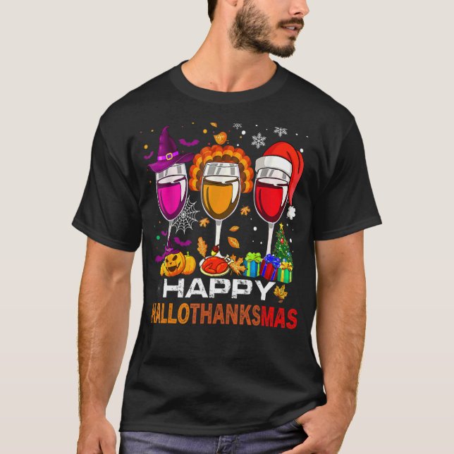 Lycklig Hallothanksmas Vin Glass Witch Santa Hat T Shirt (Framsida)