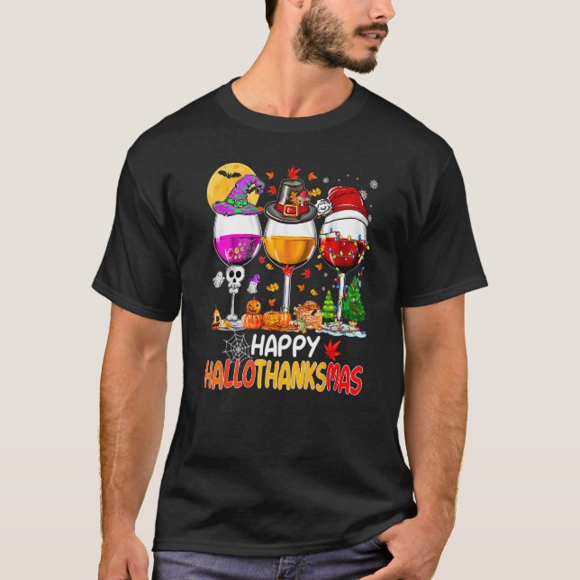 Lycklig Hallothanksmas Vin Glass Witch Santa Hat T Shirt (Framsida)