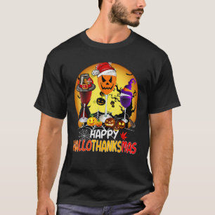 Lycklig Hallothanksmas Vin Glass Witch Santa Hat T Shirt