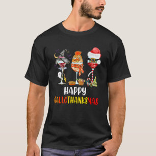 Lycklig Hallothanksmas Vin Glass Witch Santa Hat T Shirt