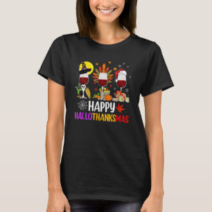 Lycklig Hallothanksmas Vin Glass Witch Santa Hat T Shirt