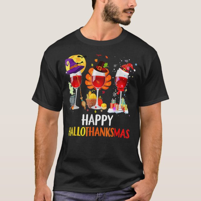 Lycklig Hallothanksmas Vin Glass Witch Santa Hat T Shirt (Framsida)
