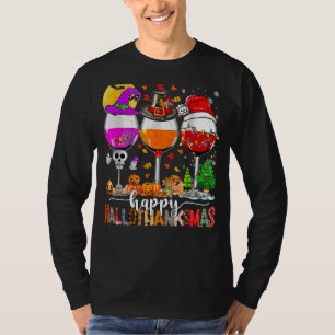 Lycklig Hallothanksmas Vin Glass Witch Santa Hat T Shirt