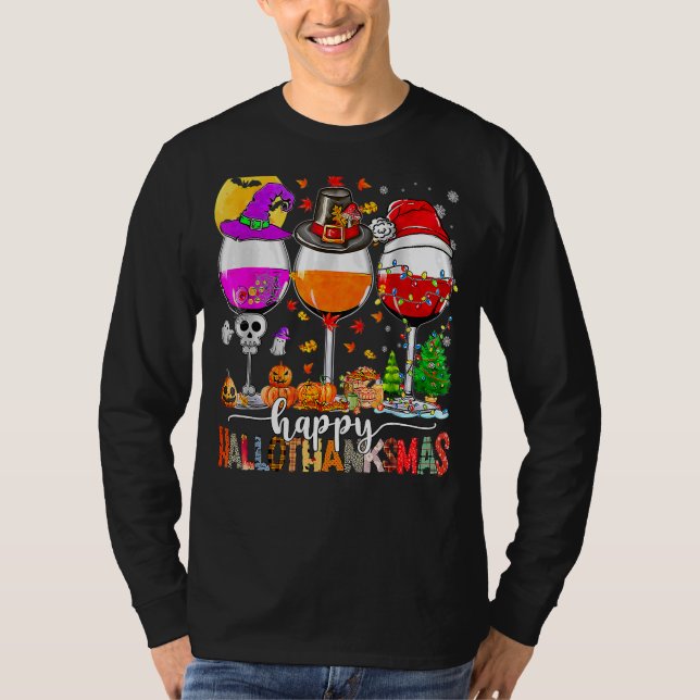 Lycklig Hallothanksmas Vin Glass Witch Santa Hat T Shirt (Framsida)