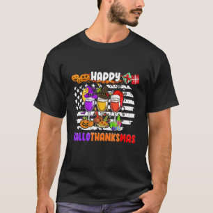 Lycklig Hallothanksmas Vin Glass Witch Santa Hat T Shirt