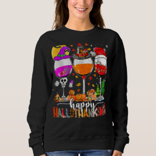 Lycklig Hallothanksmas Vin Glass Witch Santa Hat T Shirt