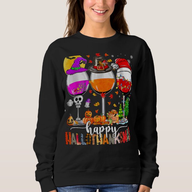 Lycklig Hallothanksmas Vin Glass Witch Santa Hat T Shirt (Framsida)